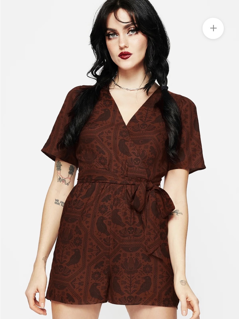 Annabelle raven Womens reddish Brown Short Sleeve V-Neck Romper with Tie Waist - Picture 1 of 8